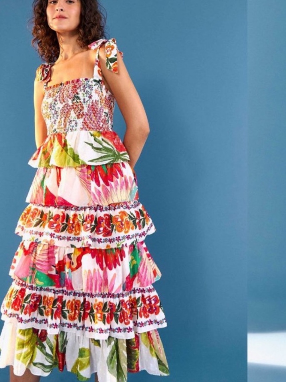 Farm Rio Mixed White Prints Layered Midi Dress Tropical Bird Floral L Smocked